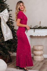 Women's Elegant One-Shoulder Sequin Gown in Fuchsia Pink