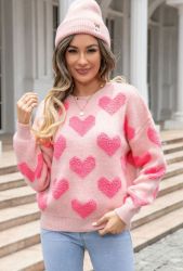 Pink Colorblock Textured Knit Bubble Sleeve Sweater