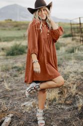 Women’s Rust Brown Corduroy Dress with Puff Sleeves and Button Detail