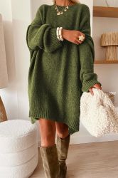 Women’s Green Knit Sweater Dress with Long Sleeves and Loose Fit