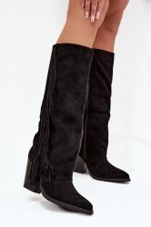 Women’s Black Faux Suede Cowboy Boots with Fringe