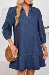 Women’s V Neck Collared Single Chest Pocket Long Sleeve Denim Dress