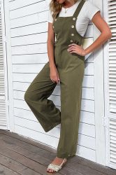 Women's Jungle Green Solid Color Buttoned Straight Leg Overall