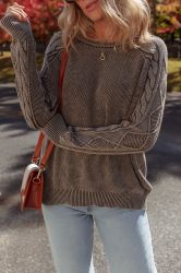 Women’s Dark Brown 100% Cotton Sweater with Cable Knit Sleeves