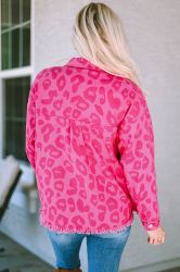 Women's Pink Leopard Print Denim Jacket with Raw Hem,100% Cotton