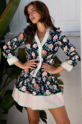 Women's Blue Floral Print Mini Dress with Striped Trim