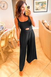 Women's Black Sleeveless Wide Leg Jumpsuit with Peekaboo Waist Cutout