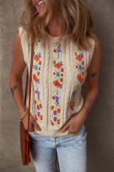 Women’s Beige Sleeveless Knitted Sweater with Floral Embroidery
