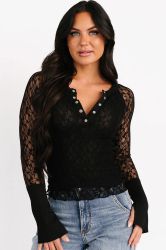 Women’s Black Lace Long Sleeve Blouse with Button Detail