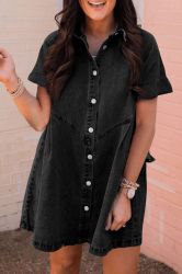 Women's Black Short Sleeve Button-Up Denim Shirt Dress