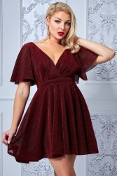 Дамска къса разкроена официална рокля в червено с къси ръкави