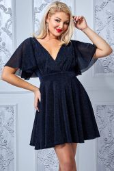 Дамска къса разкроена официална рокля в тъмносиньо с къси ръкави