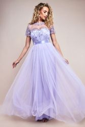 Women's Long Lavender Tulle Dress with Embroidered Bodice and Satin Waistband