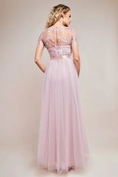 Women's Long Blush Tulle Dress with Embroidered Bodice and Satin Waistband