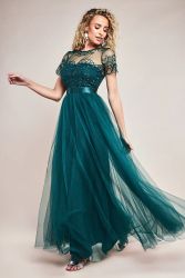 Women's Long Emerald Green Tulle Dress with Embroidered Bodice and Satin Waistband