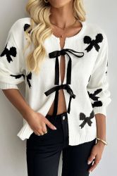 Women’s White Cardigan with Black Bow Details and Front Ties