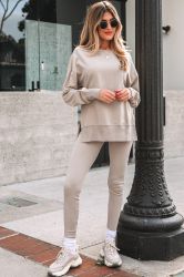 Women's Beige Two Piece Set - Oversized Top and Ribbed Leggings
