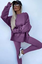 Women's Purple Two Piece Set - Oversized Top and Ribbed Leggings