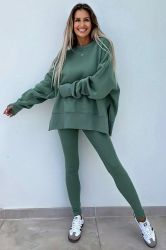 Women's Green Two Piece Set - Oversized Top and Ribbed Leggings