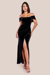 Women's Black Velvet Corset Maxi Dress with Draped Shoulders GODDIVA