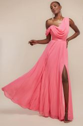 Women's Coral One-Shoulder Maxi Dress GODDIVA with Flowing Chiffon