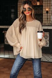 Women’s Beige Flowy Blouse with Loose Fit and Long Sleeves