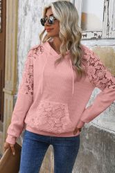 Women's Pink Hoodie with Floral Lace Details