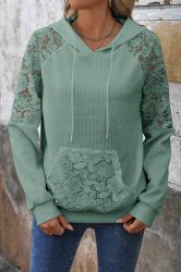 Women's Green Hoodie with Floral Lace Details