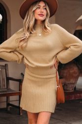 Women's Beige High Neck Puff Sleeve Sweater Pleated Mini Skirt 2pcs Knitted Outfit