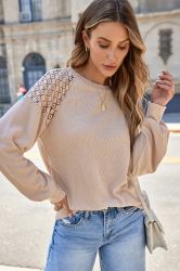 Women's Beige Lace Long Sleeve Textured Pullover
