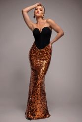 Women's Bronze Goddiva Strapless Sequin Mermaid Maxi Dress with Corset Bodice