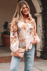 Women's Lightweight Floral Print Shirt with Puff Sleeves