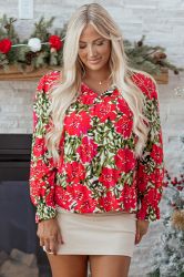 Women's Red Floral Blouse with Tie Neck and Flounce Sleeves