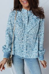 Women's Sky Blue All Over Floral Puff Sleeve Shirt