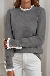 Women’s Grey Knit Sweater with Embroidered Lace Details