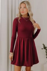 Women’s Wine Red Long Sleeve Ribbed Knit Mini Dress with Frilled Neck