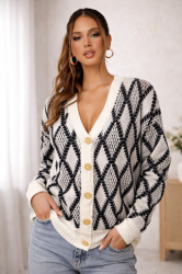 Women’s Knitted V-neck Cardigan with Geometric Pattern