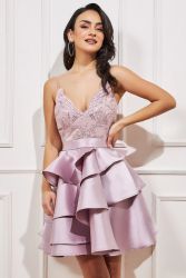 Women's Blush Mini Dress with Lace Bodice and Layered Skirt GODDIVA