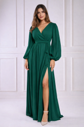 Women's Elegant Long Green Dress with Slit and V-Neck GODDIVA
