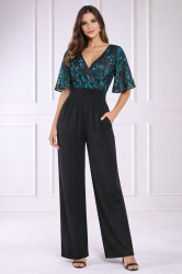 Women's Elegant Black Jumpsuit with Green Embroidery