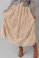 Women's long beige skirt with floral embroidery