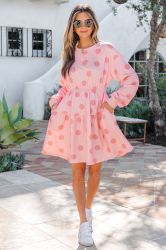 Women’s Pink Polka Dot Dress with Long Sleeves and Relaxed Fit