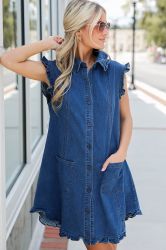 Women's Dark Blue Sleeveless Denim Dress with Buttons and Ruffle Details