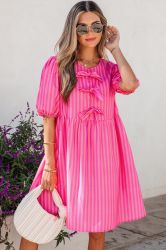 Women's Pink Striped Dress with Decorative Bows and Relaxed Fit