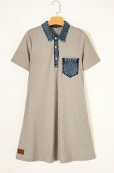 Women's Beige Ribbed Dress with Denim Details
