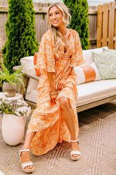 Women’s Orange Floral Print Maxi Dress with Smocked Bodice, V-Neck and Wide Sleeves