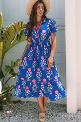 Women’s Blue Floral Print Maxi Dress with V-Neck