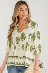 Women’s Light Beige Shirt with Green Print and Tie Detail