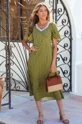 Women’s Olive Green Polka Dot Dress with Lace Detail