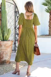 Women’s Orange Floral Print Maxi Dress with Smocked Bodice, V-Neck and Wide Sleeves